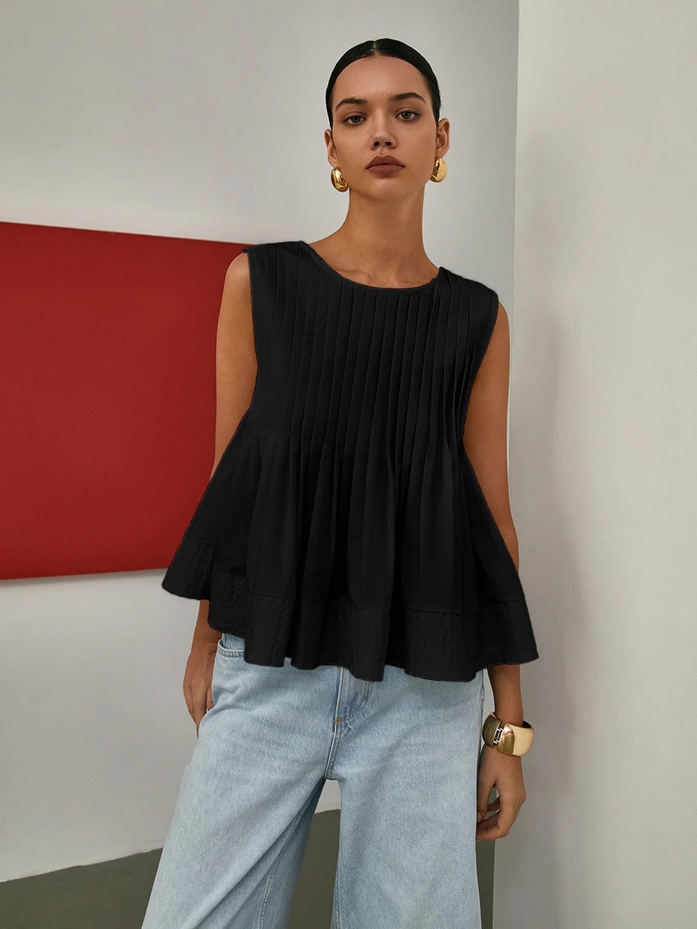 294 Pleated Peplum Sleeveless Blouse